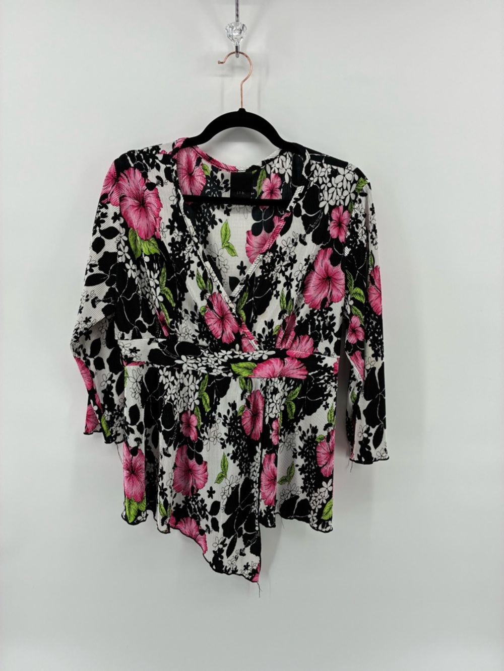 Floral Wrap-Style Women's Top in Pink and Black